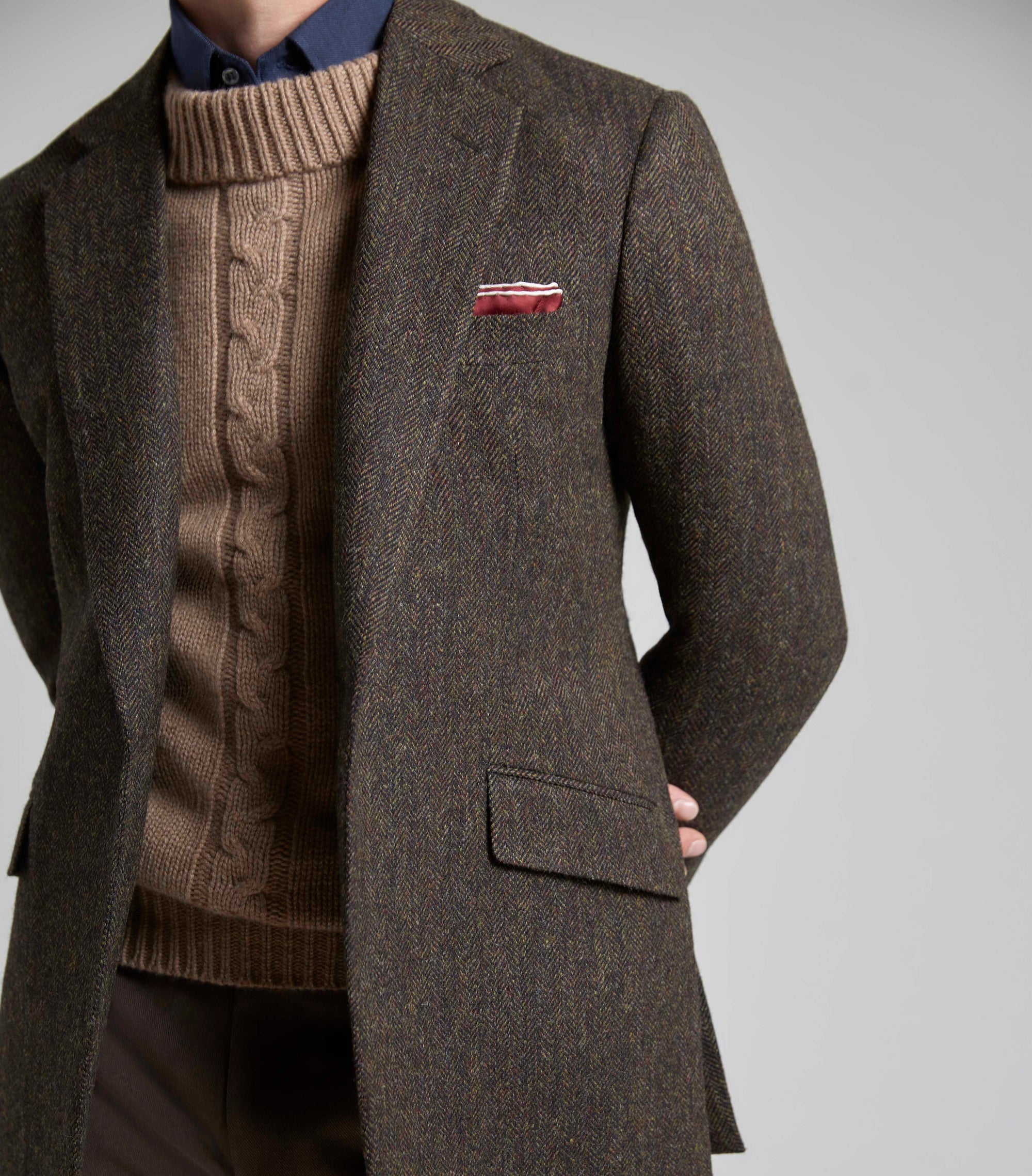 Brown Wool Single Breasted Herringbone Jacket