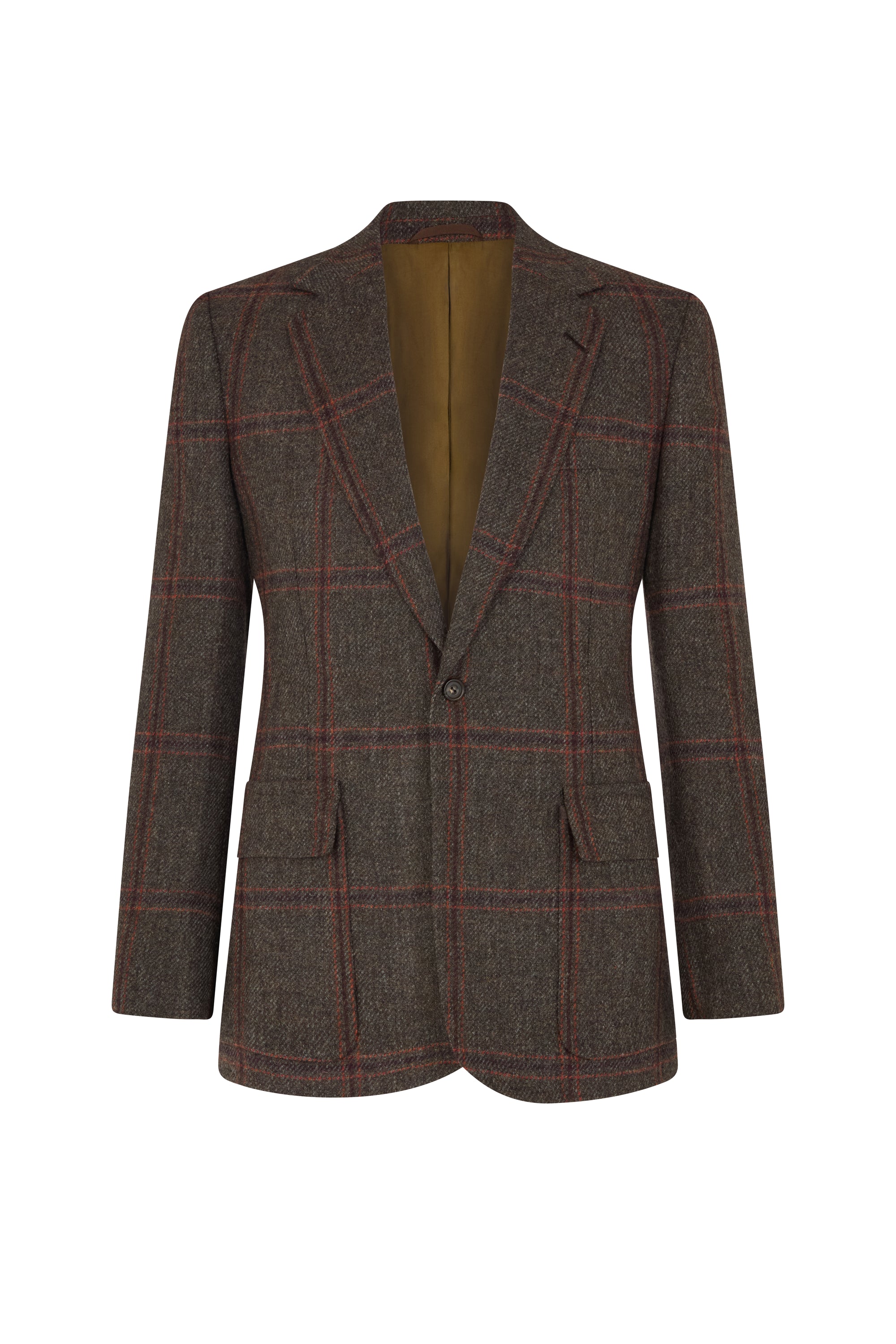 Brown, Orange & Burgundy Check Single Breasted Patch Pocket Jacket