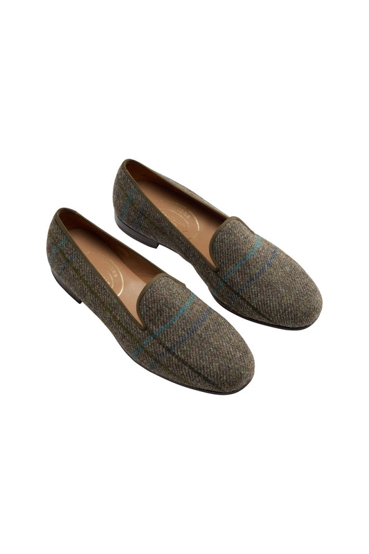 Brown/Green House Check Wool Slippers