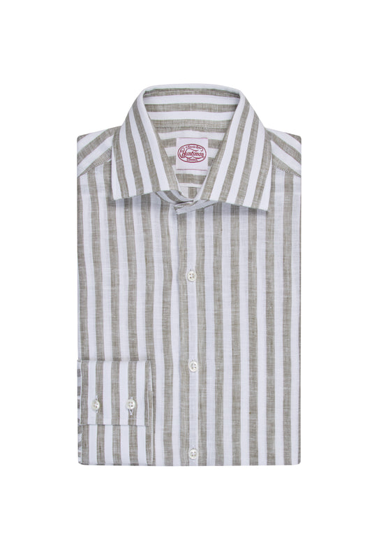 Green/White Stripe Single Cuff Linen Shirt