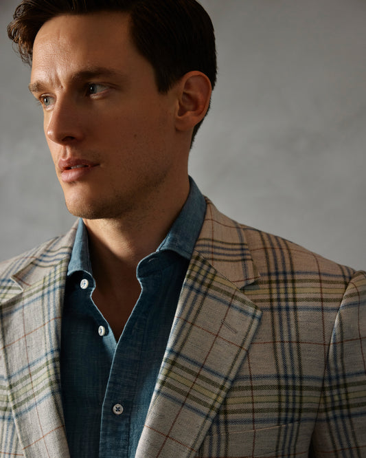 Beige/Green/Blue Check Single Breasted Jacket