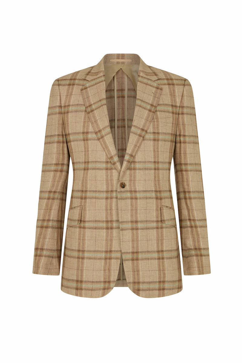 Brown/Green Wool Silk & Linen Single Breasted Check Jacket