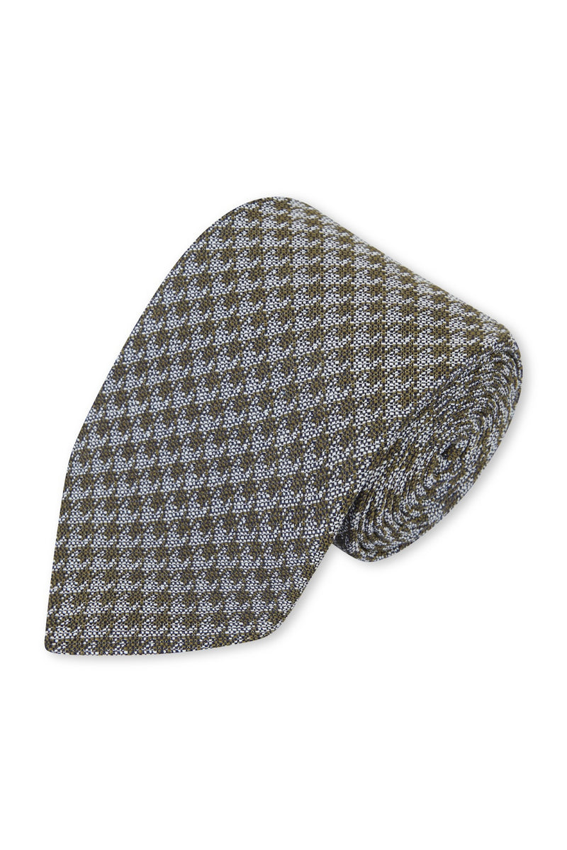 Khaki and White Houndstooth Silk Tie