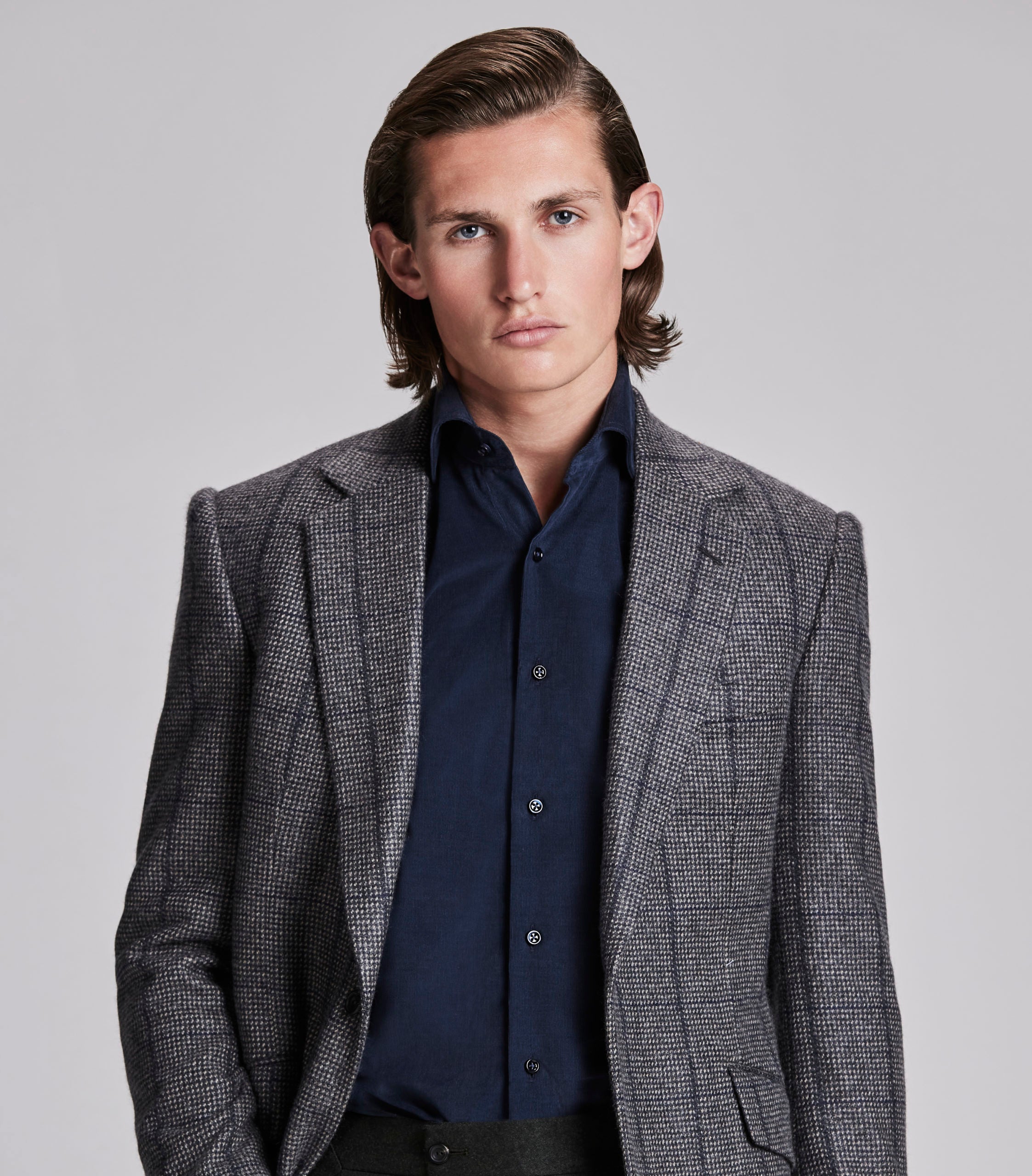 Navy Grey Hairline Check Cashmere Jacket Huntsman Savile Row