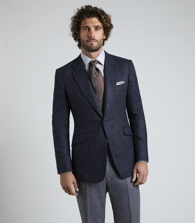 Navy Wool Single Breasted Houndstooth Jacket