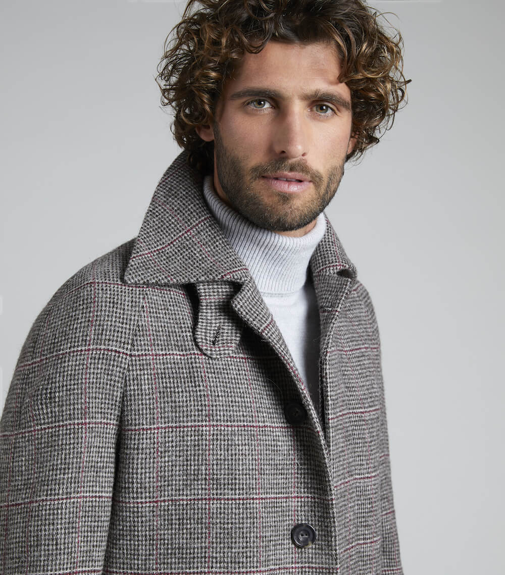 Claret Grey Wool Balmacaan Overcheck Overcoat